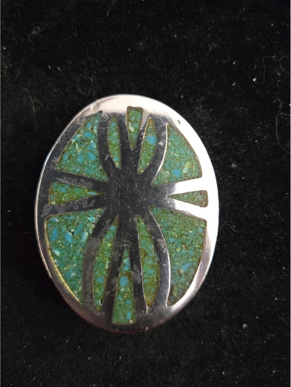 Vintage Mexican sterling Silver Turquoise chip inlay Brooch